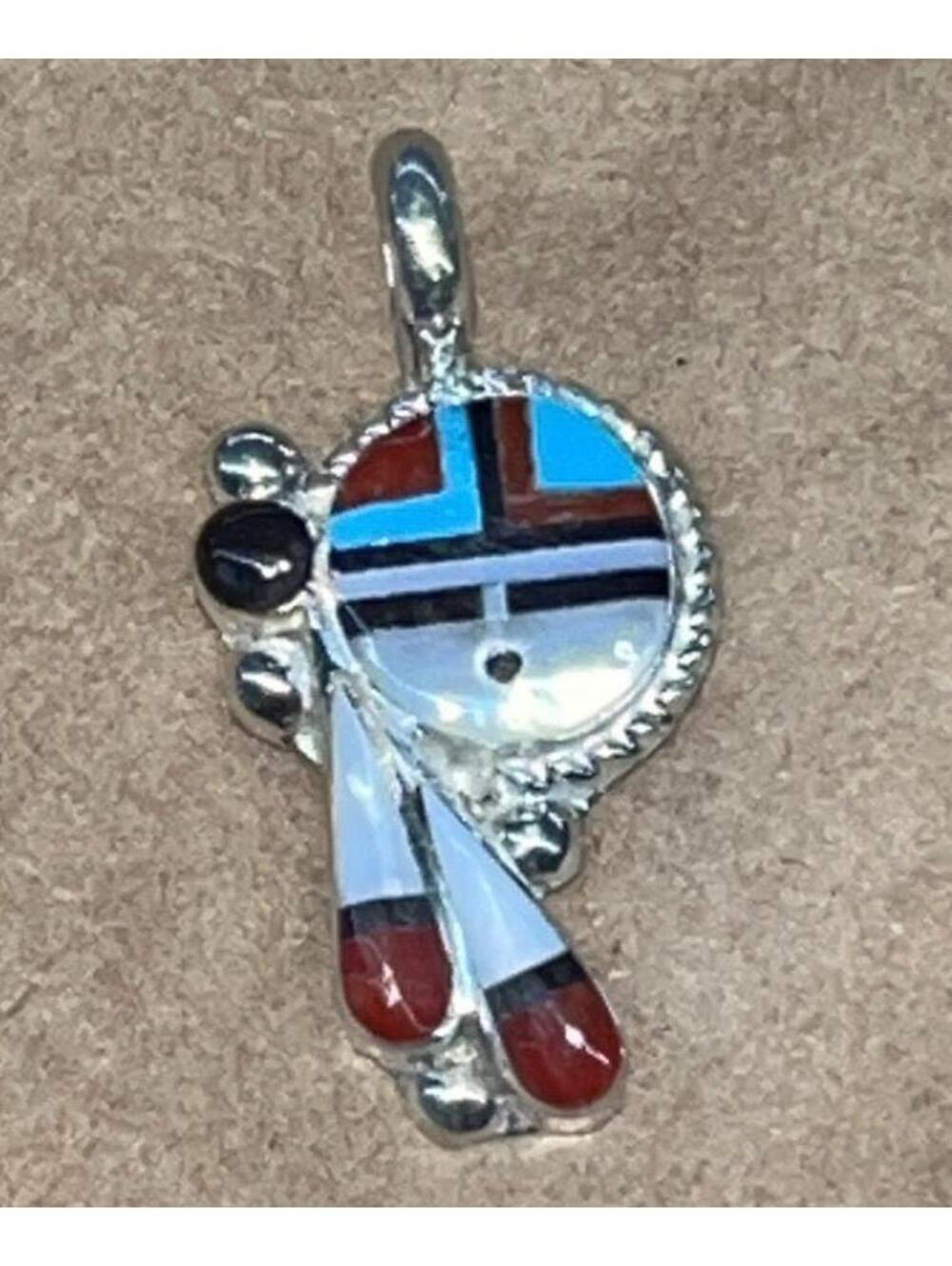 Zuni jewelry handmade sterling silver spiritual sunface turquoise coral pendant